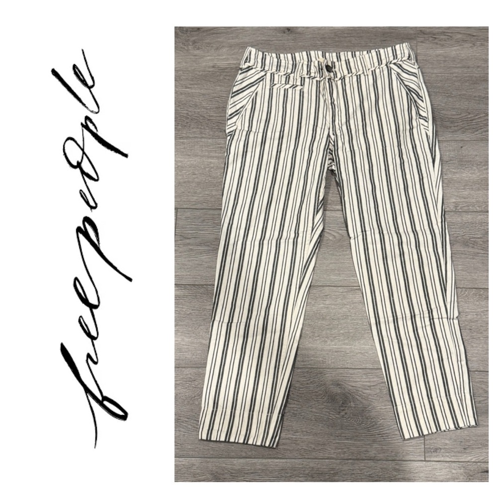 Free People 100% linen Striped Black and White Pants Size 10 K3